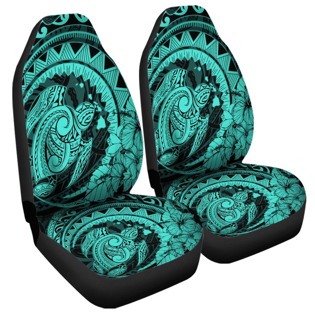 Hawaiian Kanaka Honu Map Hibiscus Globular Polynesian Turquoise Car Seat Covers - AH Universal Fit Black - Polynesian Pride