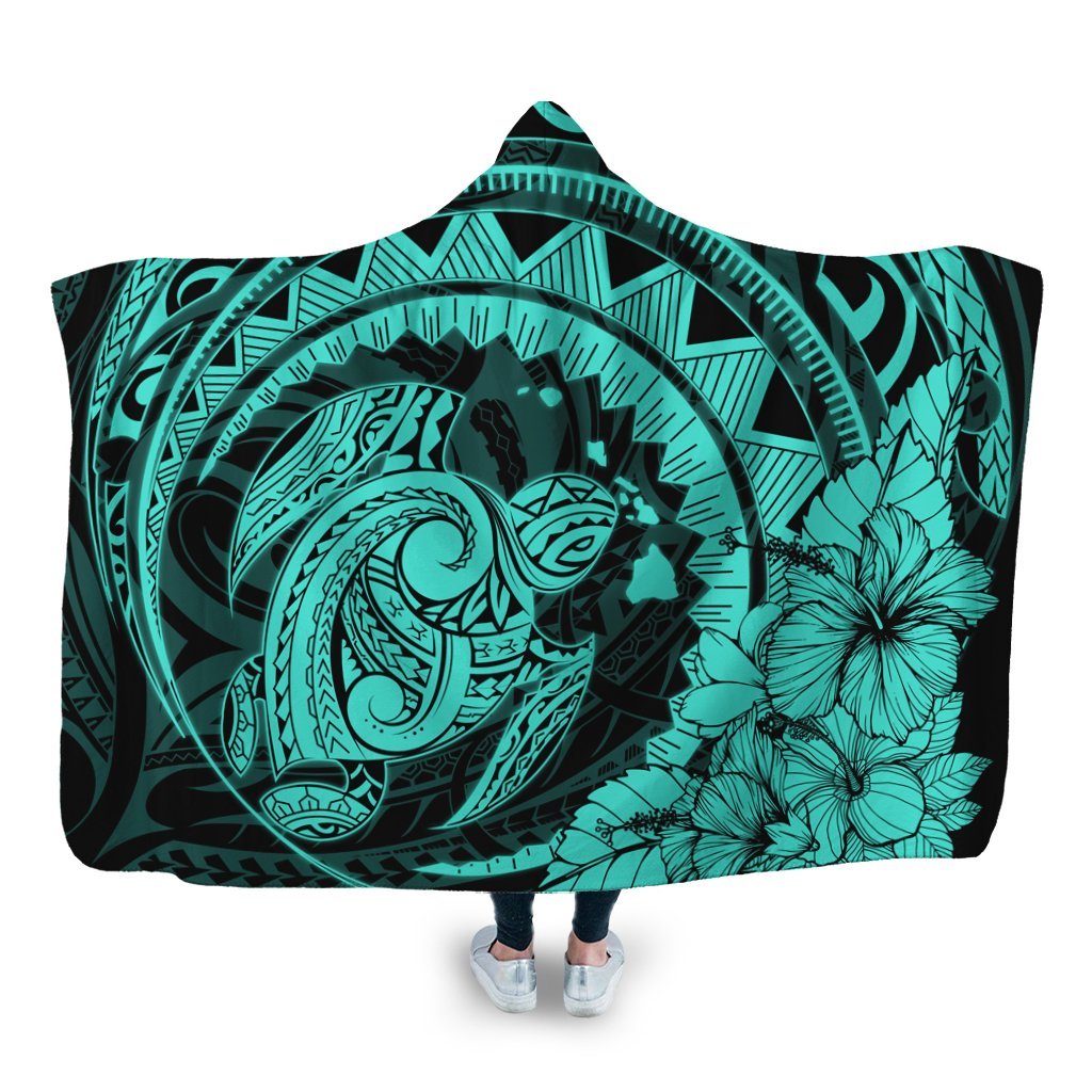 Hawaiian Kanaka Honu Map Hibiscus Globular Polynesian Turquoise Hooded Blanket - AH Hooded Blanket White - Polynesian Pride