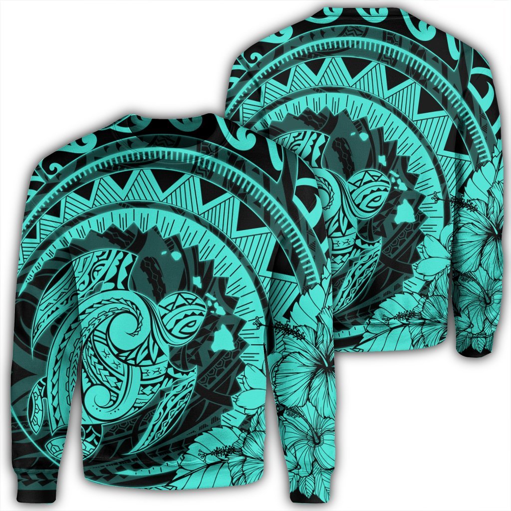Hawaiian Kanaka Honu Map Hibiscus Globular Polynesian Turquoise Sweatshirt - AH Unisex Black - Polynesian Pride