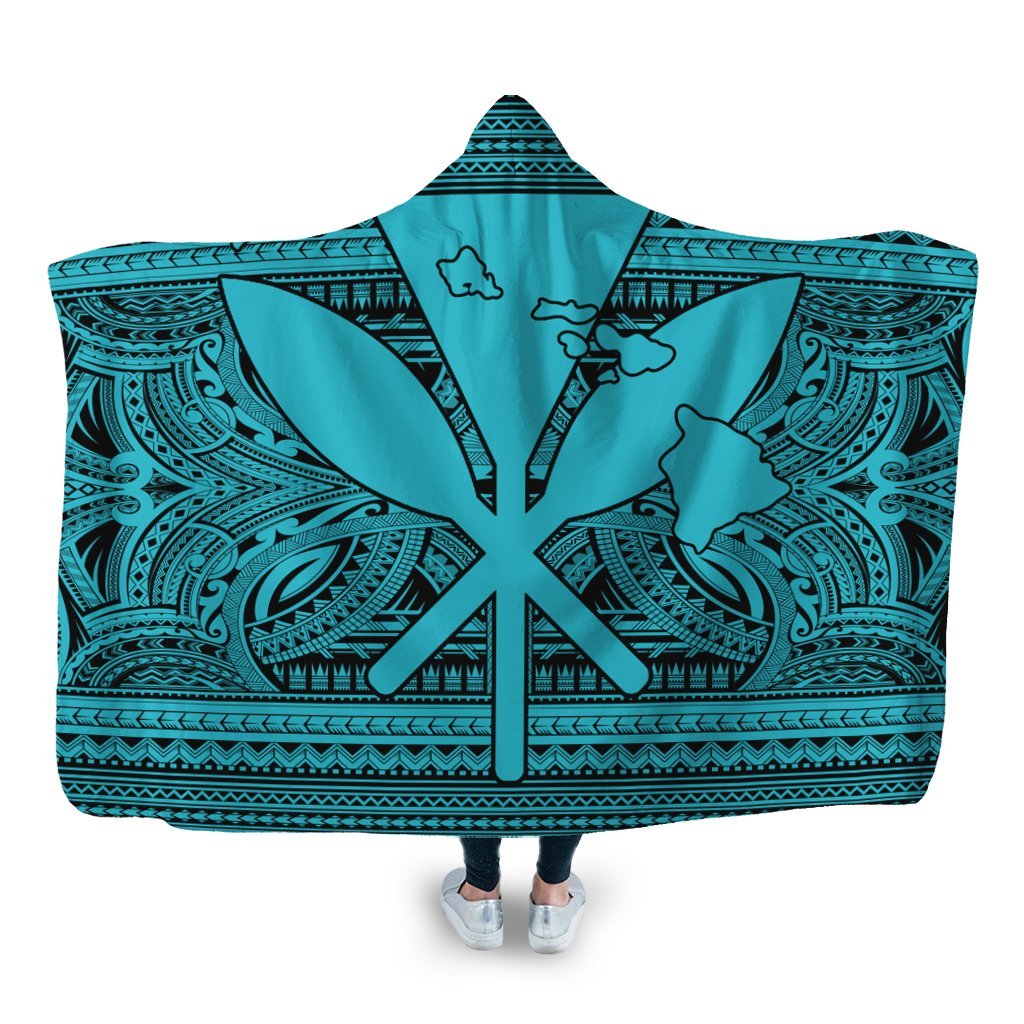 Hawaiian Kanaka Polynesian Tribal Hooded Blanket Reggae Color Blue AH Hooded Blanket White - Polynesian Pride