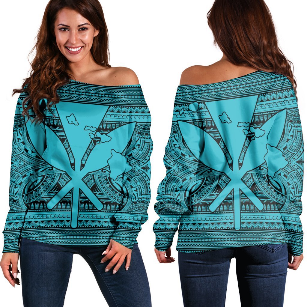 Hawaiian Kanaka Polynesian Tribal Women's Off Shoulder Sweater Reggae Color Blue AH Black - Polynesian Pride