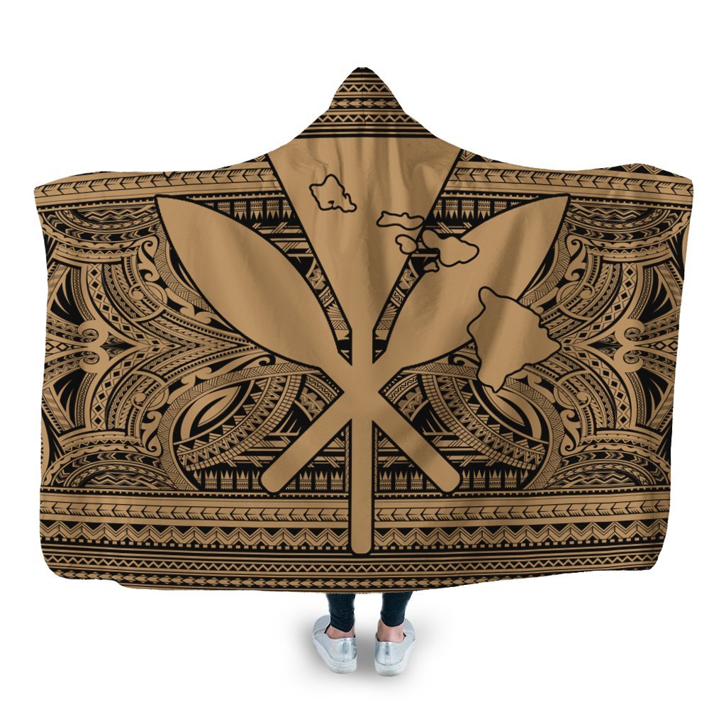 Hawaiian Kanaka Polynesian Tribal Hooded Blanket Reggae Color Gold AH Hooded Blanket White - Polynesian Pride