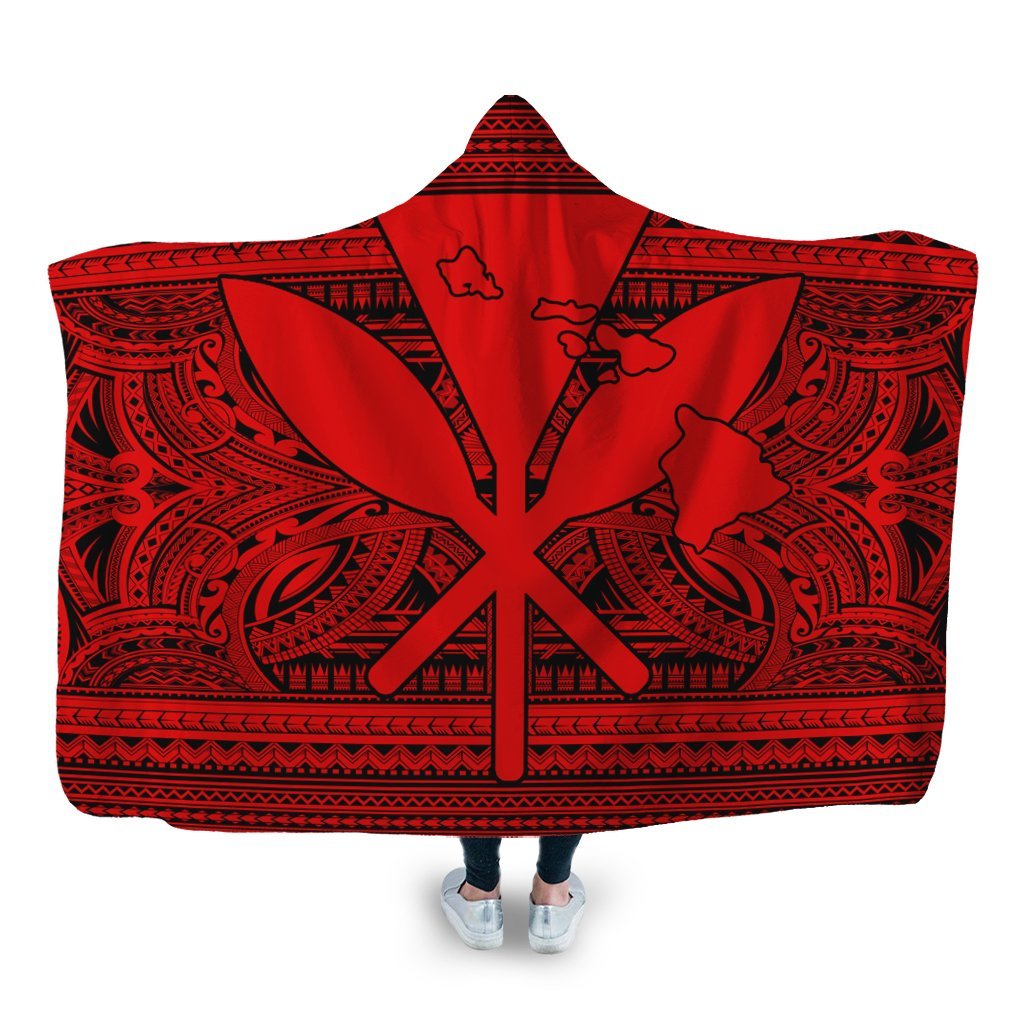 Hawaiian Kanaka Polynesian Tribal Hooded Blanket Reggae Color Red AH Hooded Blanket White - Polynesian Pride