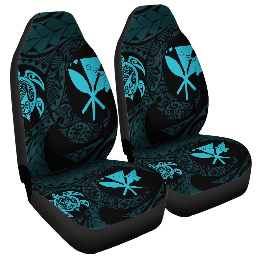 Hawaiian Kanaka Turtle Polynesian Car Seat Covers Blue AH Universal Fit Black - Polynesian Pride