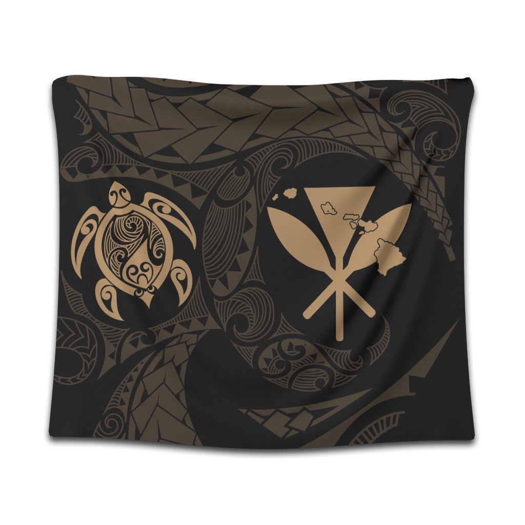 Hawaiian Kanaka Turtle Polynesian Tapestry Gold AH Wall Tapestry Black - Polynesian Pride