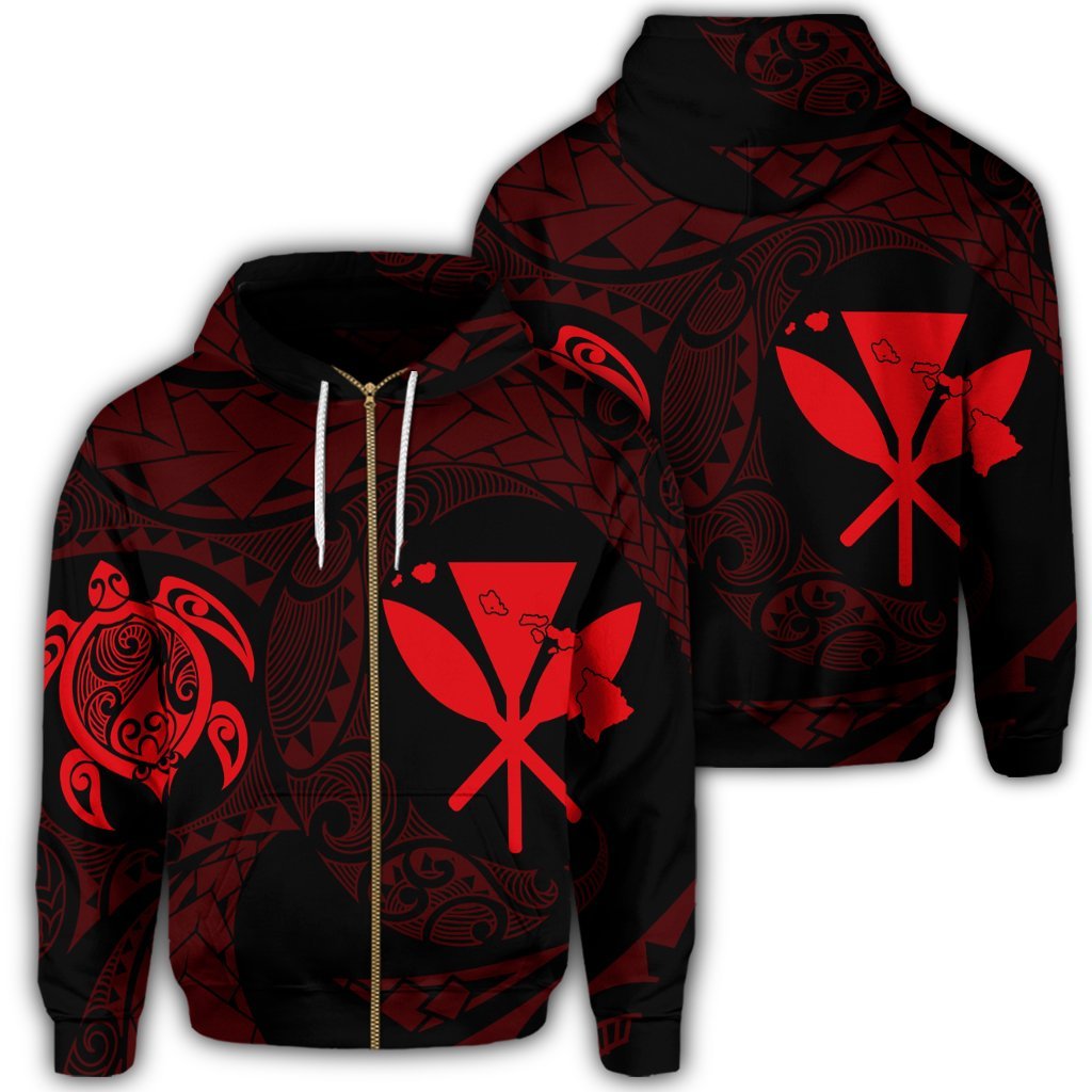 Hawaiian Kanaka Turtle Polynesian Zip Hoodie Red Unisex Art - Polynesian Pride