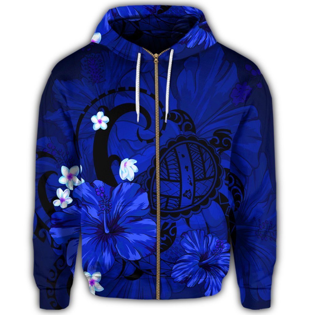 Hawaiian Map Big Turtle Hibiscus Plumeria Tribal Polynesian Zip Hoodie Blue - Polynesian Pride
