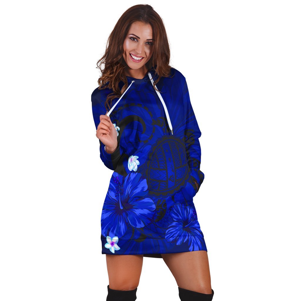 Hawaiian Map Big Turtle Hibiscus Plumeria Tribal Polynesian Hoodie Dress - Blue - AH - Polynesian Pride