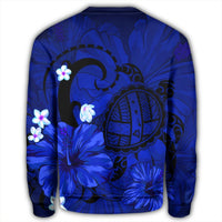 Hawaiian Map Big Turtle Hibiscus Plumeria Tribal Polynesian Sweatshirt - Blue - AH - Polynesian Pride
