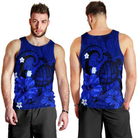 Hawaiian Map Big Turtle Hibiscus Plumeria Tribal Polynesian Tank Top - Blue - AH - Polynesian Pride