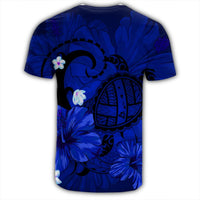 Hawaiian Map Big Turtle Hibiscus Plumeria Tribal Polynesian T Shirt Blue - Polynesian Pride