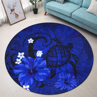 Hawaiian Map Big Turtle Hibiscus Plumeria Tribal Polynesian Round Carpet - Blue - AH - Polynesian Pride