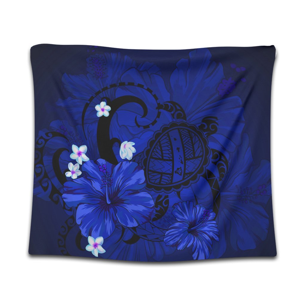 Hawaiian Map Big Turtle Hibiscus Plumeria Tribal Polynesian Tapestry - Blue - AH Wall Tapestry Black - Polynesian Pride