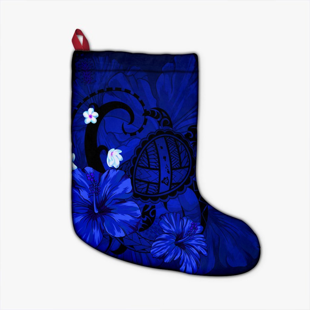 Hawaiian Map Big Turtle Hibiscus Plumeria Tribal Polynesian Christmas Stocking - Blue - AH Christmas Stocking 26 X 42 cm Black - Polynesian Pride