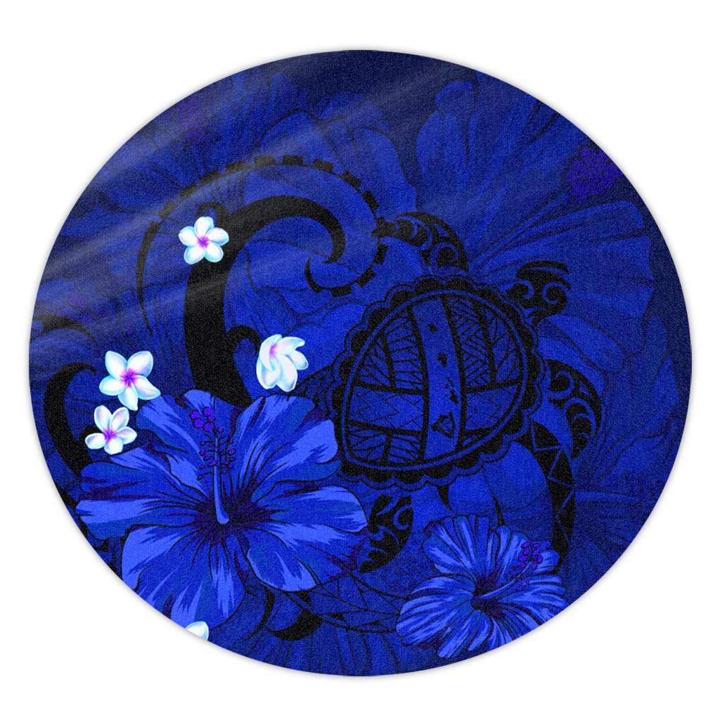 Hawaiian Map Big Turtle Hibiscus Plumeria Tribal Polynesian Round Carpet - Blue - AH Round Carpet Luxurious Plush - Polynesian Pride