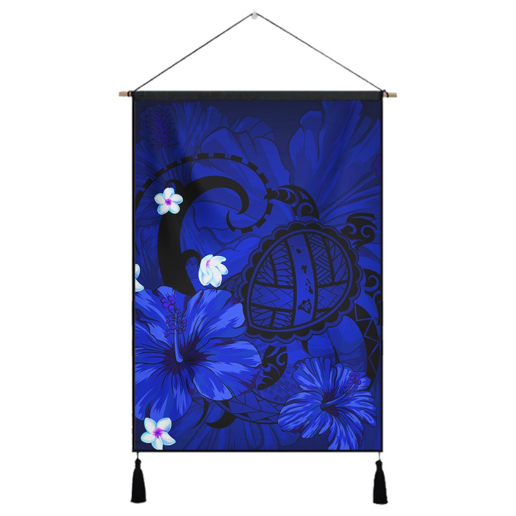 Hawaiian Map Big Turtle Hibiscus Plumeria Tribal Polynesian Hanging Poster - Blue - AH Hanging Poster Cotton And Linen - Polynesian Pride