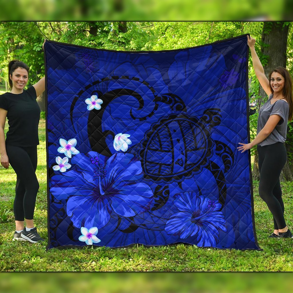 Hawaiian Map Big Turtle Hibiscus Plumeria Tribal Polynesian Premium Quilts - Blue - AH Black - Polynesian Pride