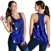 Hawaiian Map Big Turtle Hibiscus Plumeria Tribal Polynesian Racerback Tank - Blue - AH Black - Polynesian Pride
