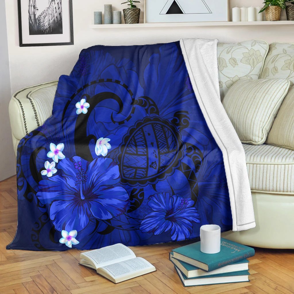 Hawaiian Map Big Turtle Hibiscus Plumeria Tribal Polynesian Premium Blankets - Blue - AH White - Polynesian Pride