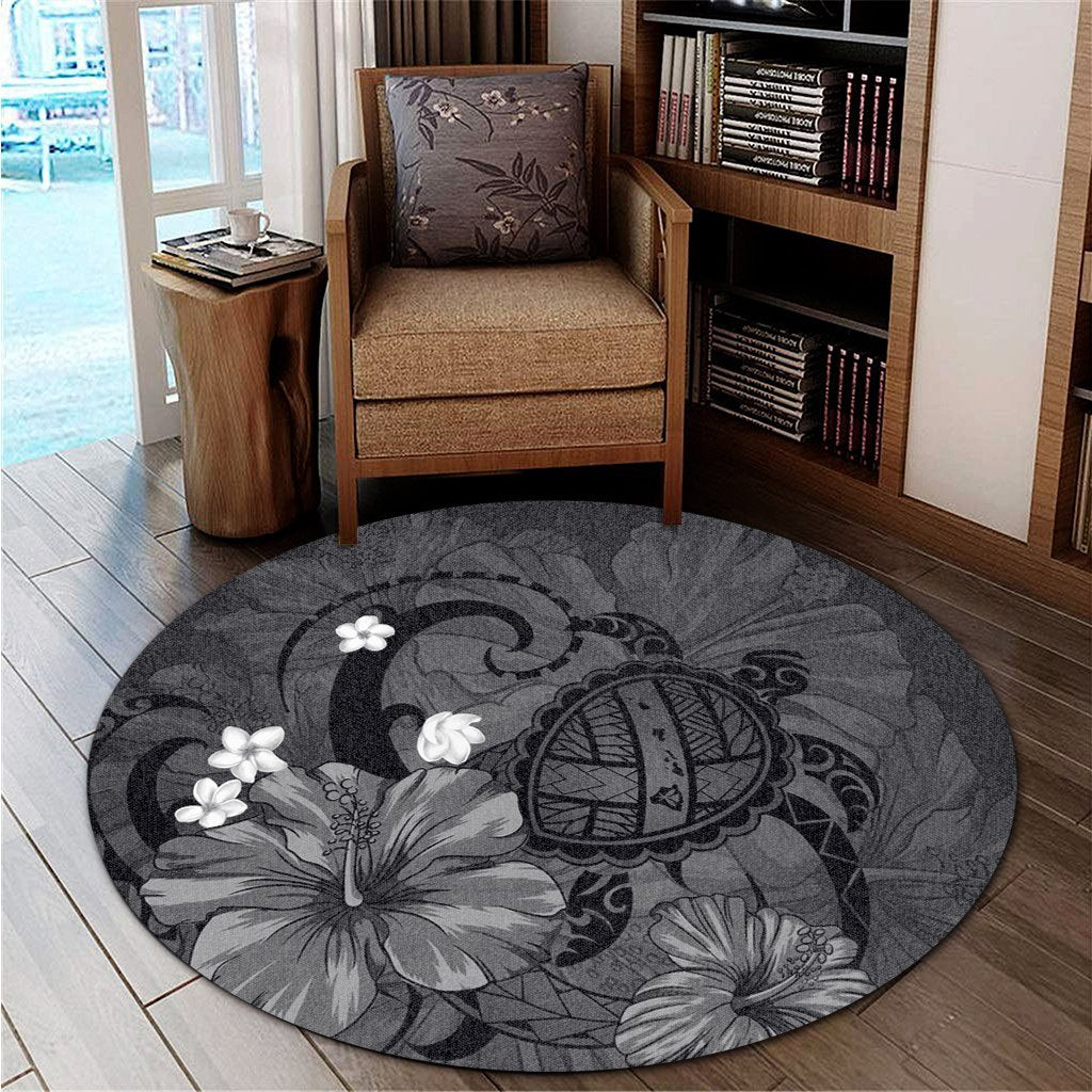 Hawaiian Map Big Turtle Hibiscus Plumeria Tribal Polynesian Round Carpet - Gray - AH - Polynesian Pride