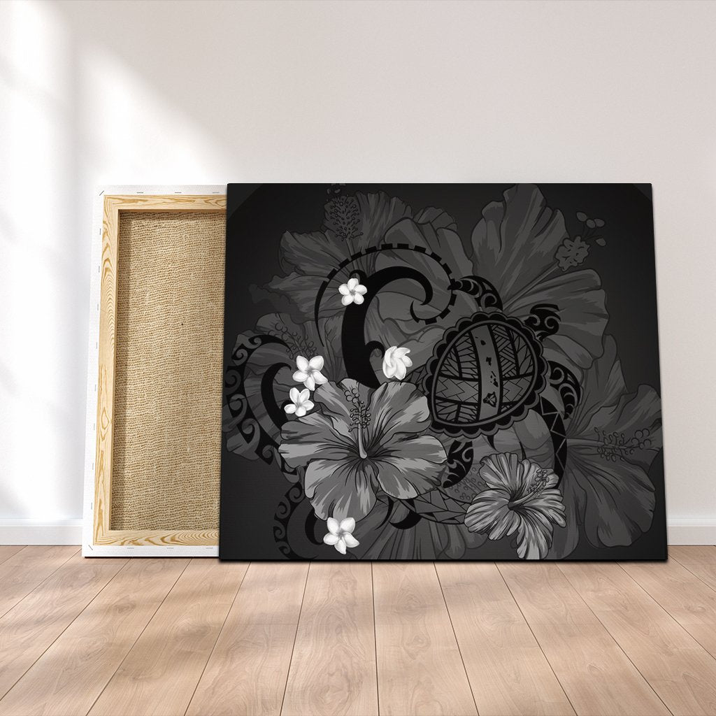 Hawaiian Map Big Turtle Hibiscus Plumeria Tribal Polynesian Canvas - Gray - AH Canvas Poly-cotton - Polynesian Pride