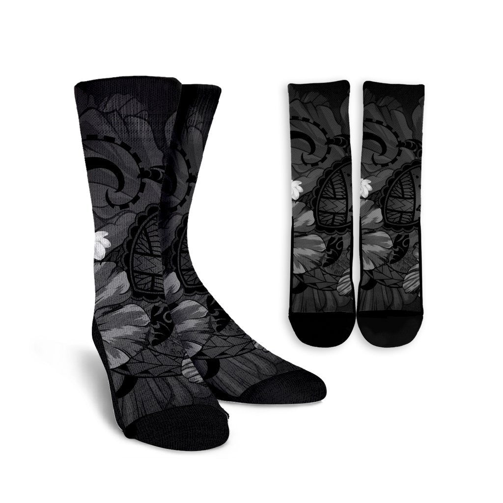 Hawaiian Map Big Turtle Hibiscus Plumeria Tribal Polynesian Crew Socks - Gray - AH Crew Socks White - Polynesian Pride