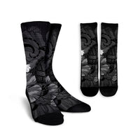 Hawaiian Map Big Turtle Hibiscus Plumeria Tribal Polynesian Crew Socks - Gray - AH Crew Socks White - Polynesian Pride