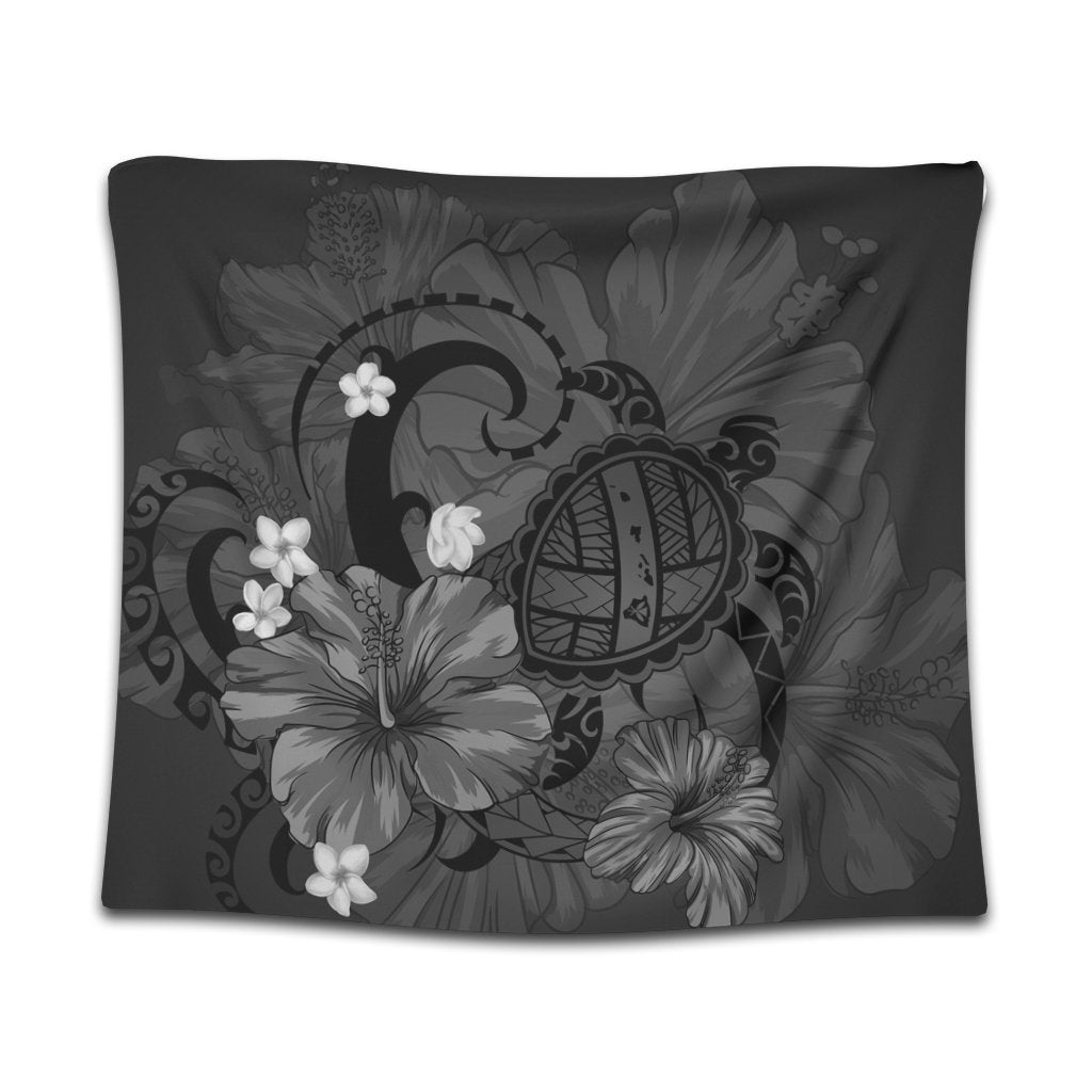 Hawaiian Map Big Turtle Hibiscus Plumeria Tribal Polynesian Tapestry - Gray - AH Wall Tapestry Black - Polynesian Pride