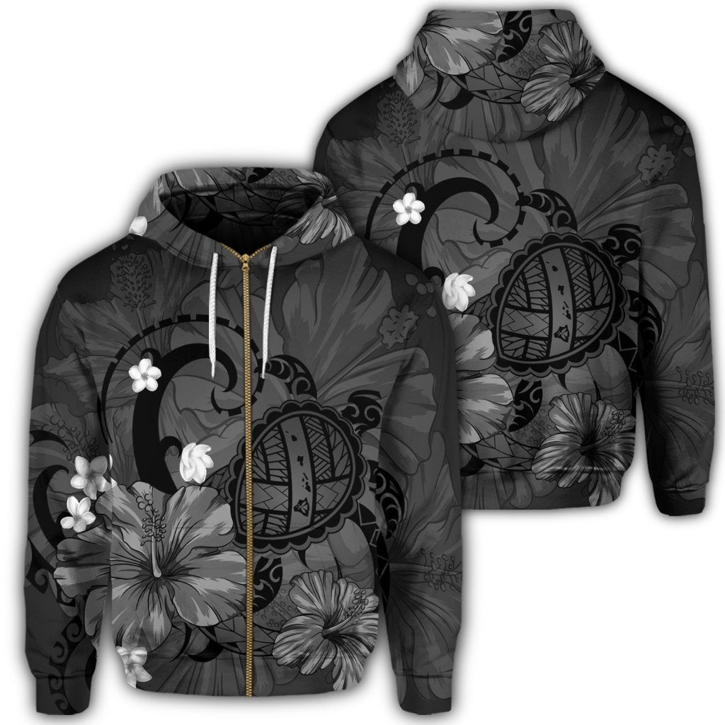 Hawaiian Map Big Turtle Hibiscus Plumeria Tribal Polynesian Zip Hoodie Gray Unisex Art - Polynesian Pride