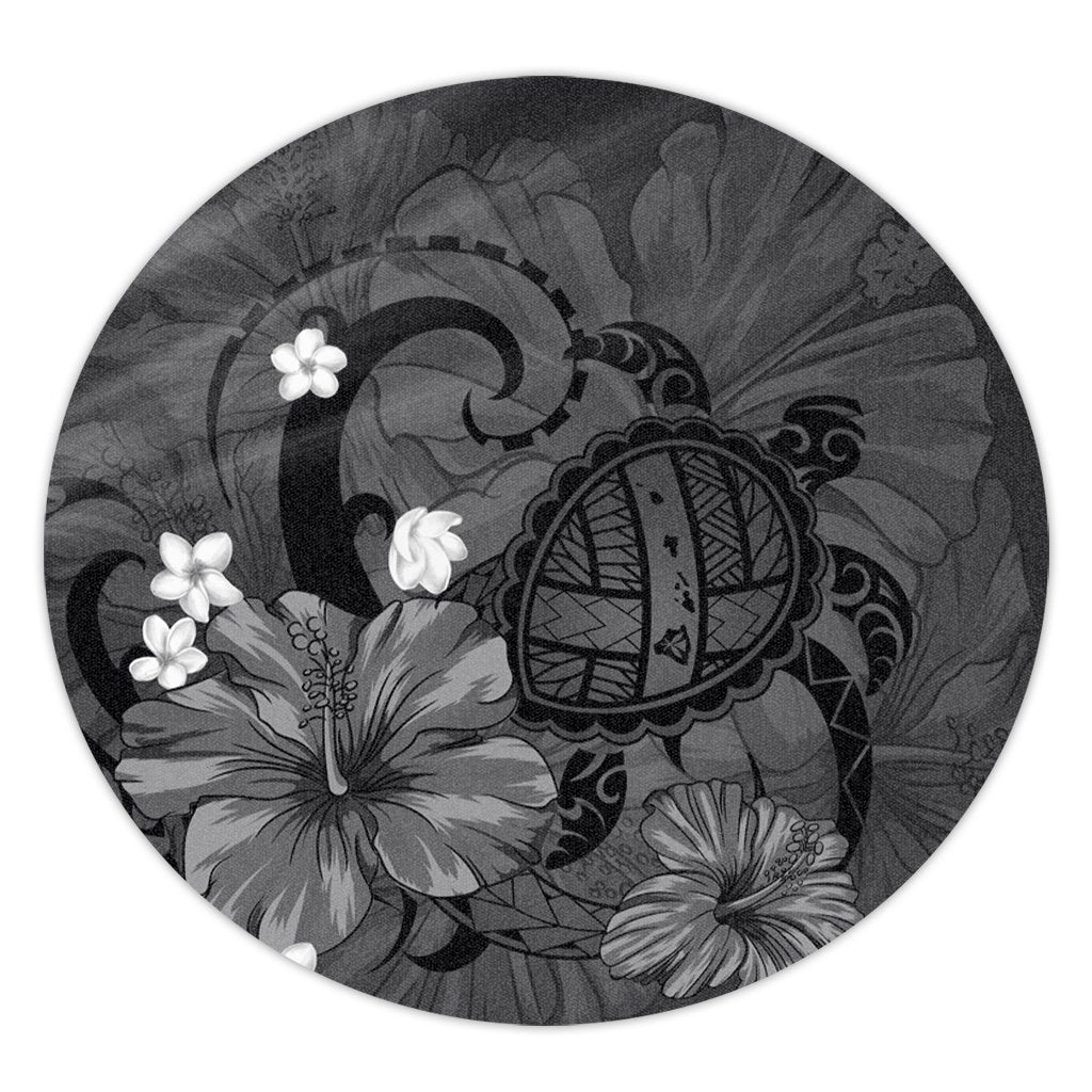 Hawaiian Map Big Turtle Hibiscus Plumeria Tribal Polynesian Round Carpet - Gray - AH Round Carpet Luxurious Plush - Polynesian Pride