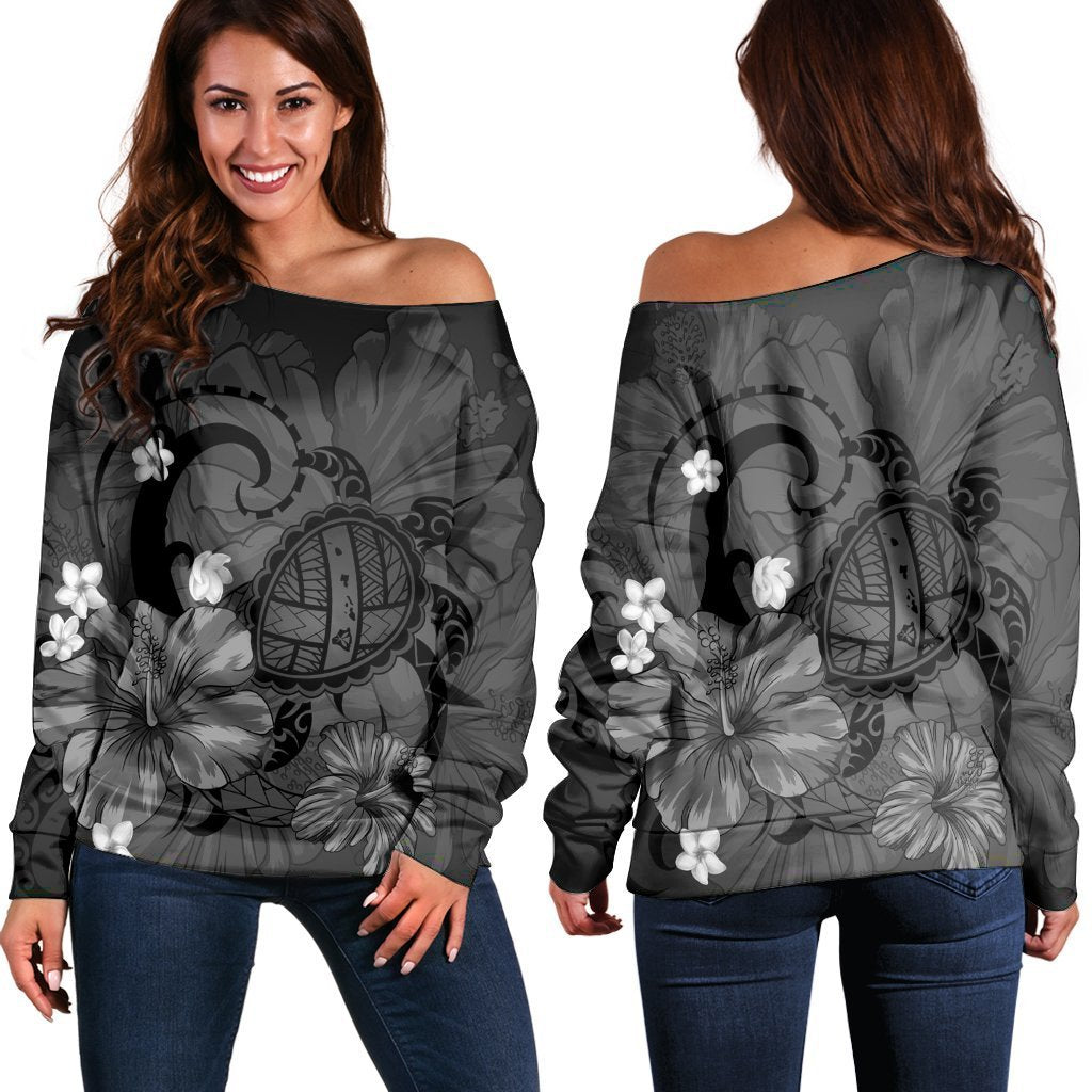 Hawaiian Map Big Turtle Hibiscus Plumeria Tribal Polynesian Women's Off Shoulder Sweater - Gray - AH Black - Polynesian Pride