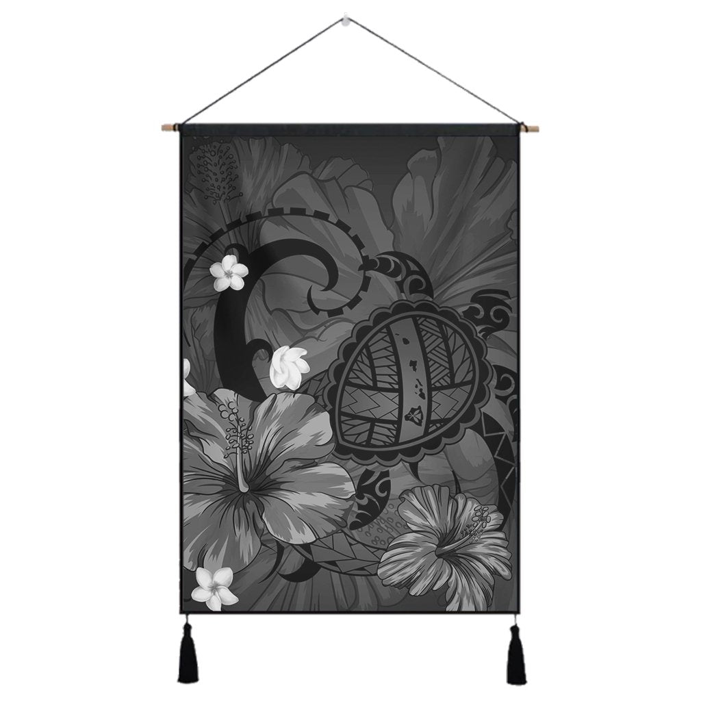 Hawaiian Map Big Turtle Hibiscus Plumeria Tribal Polynesian Hanging Poster - Gray - AH Hanging Poster Cotton And Linen - Polynesian Pride