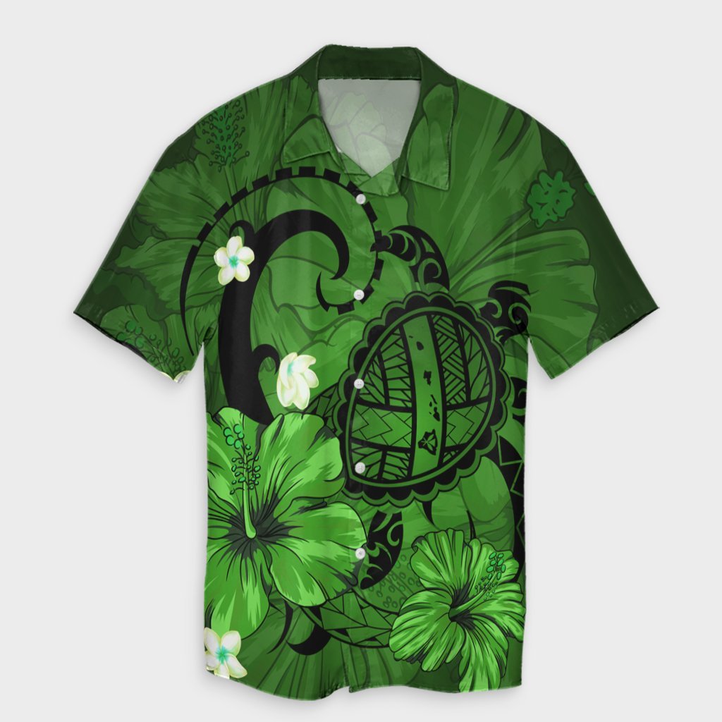 Hawaiian Map Big Turtle Hibiscus Plumeria Tribal Polynesian Hawaiian Shirt - Green - AH Unisex Black - Polynesian Pride