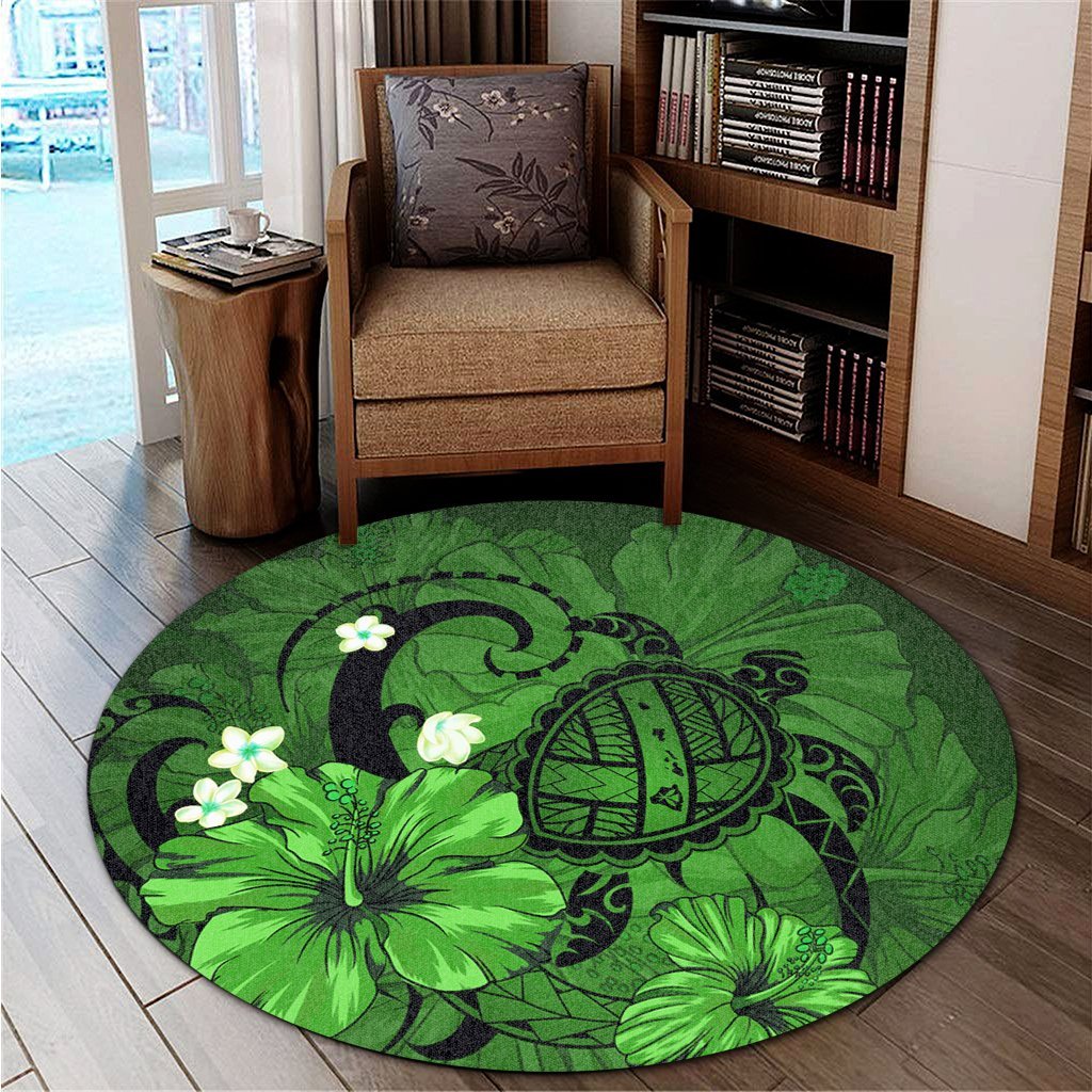 Hawaiian Map Big Turtle Hibiscus Plumeria Tribal Polynesian Round Carpet - Green - AH - Polynesian Pride
