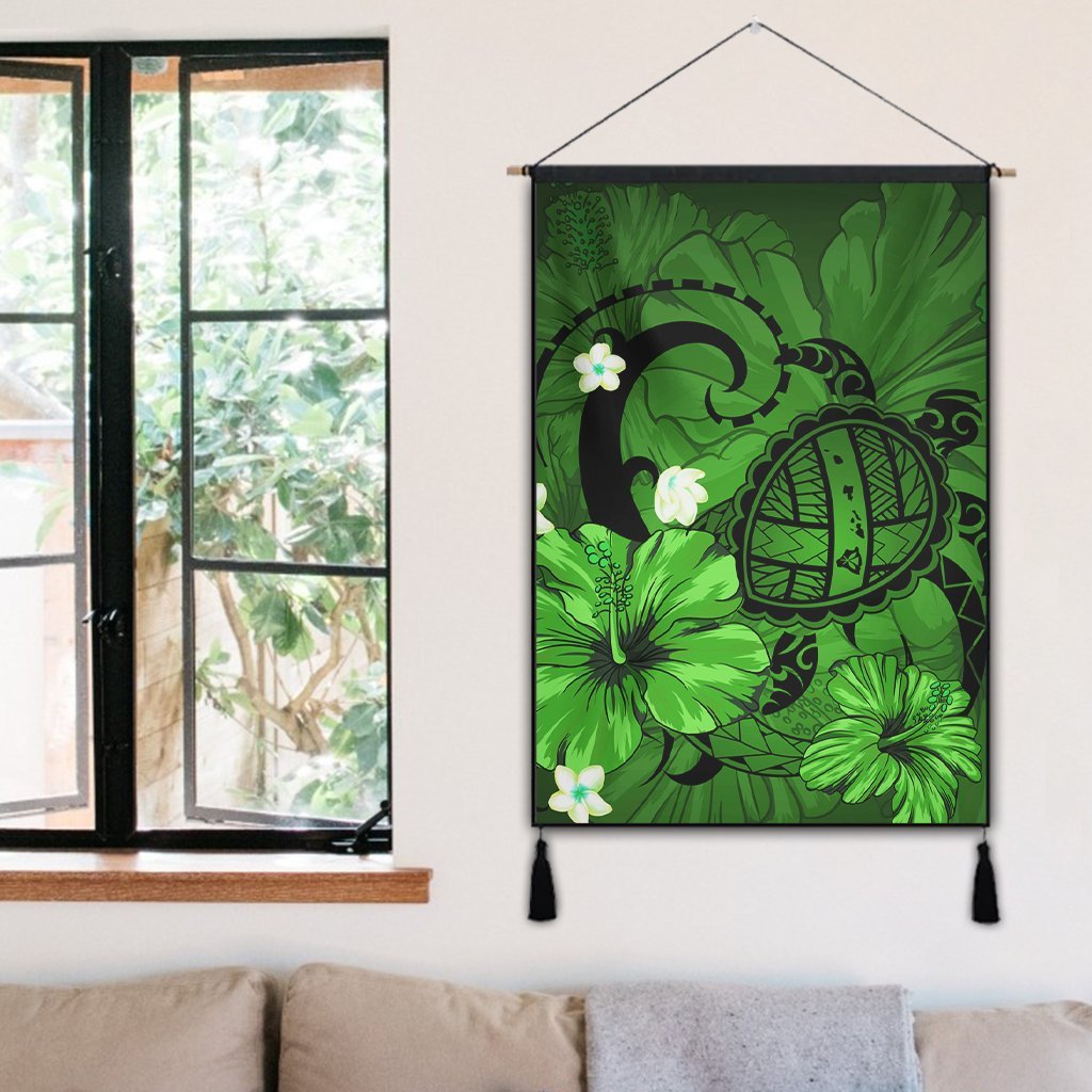 Hawaiian Map Big Turtle Hibiscus Plumeria Tribal Polynesian Hanging Poster - Green - AH - Polynesian Pride