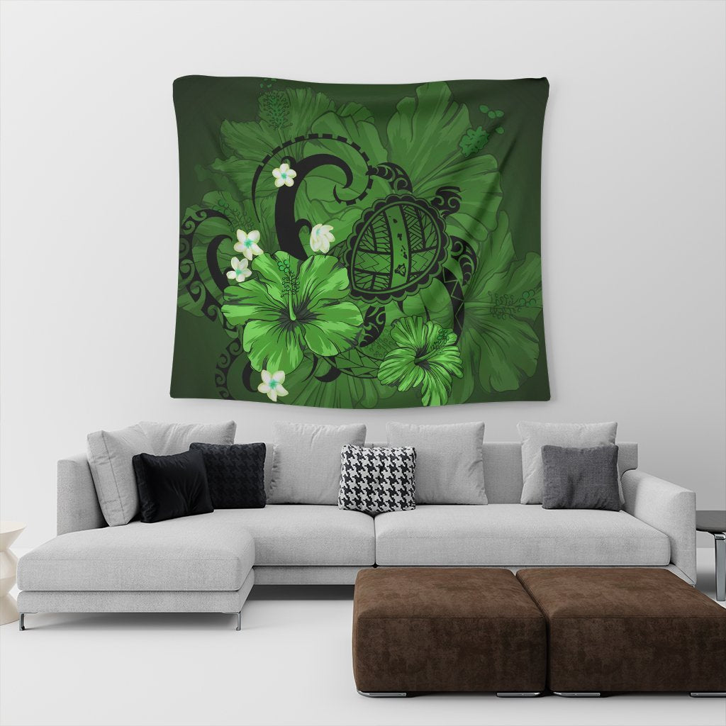 Hawaiian Map Big Turtle Hibiscus Plumeria Tribal Polynesian Tapestry - Green - AH - Polynesian Pride
