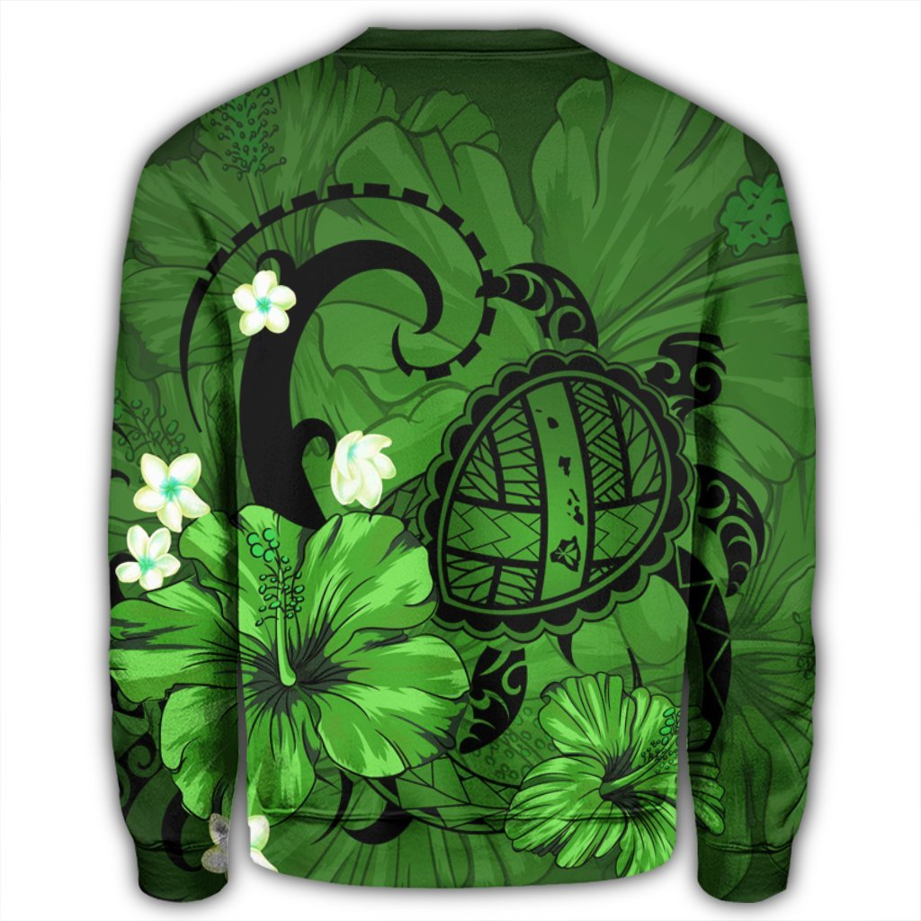 Hawaiian Map Big Turtle Hibiscus Plumeria Tribal Polynesian Sweatshirt - Green - AH - Polynesian Pride