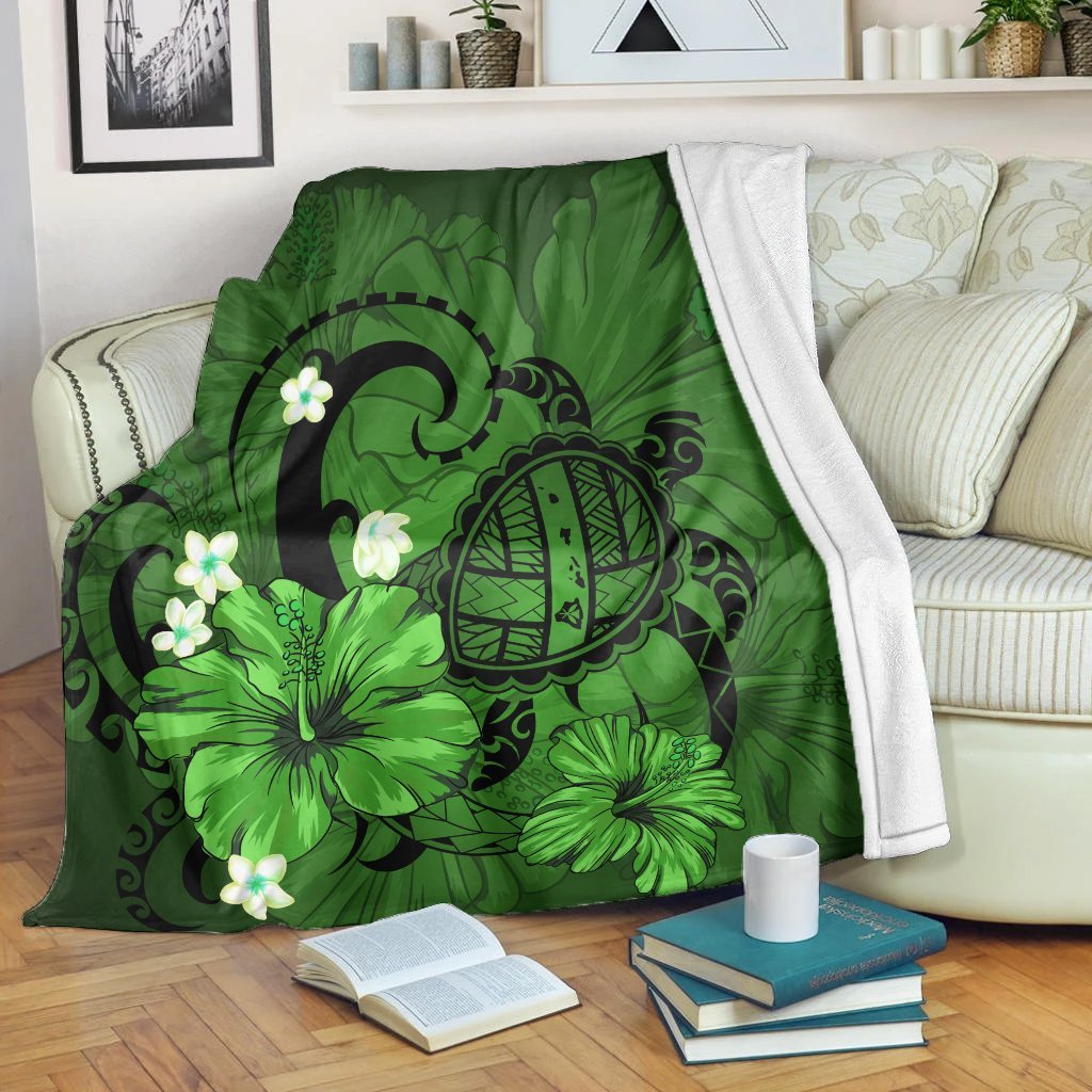 Hawaiian Map Big Turtle Hibiscus Plumeria Tribal Polynesian Premium Blankets - Green - AH White - Polynesian Pride