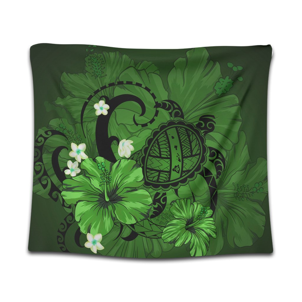 Hawaiian Map Big Turtle Hibiscus Plumeria Tribal Polynesian Tapestry - Green - AH Wall Tapestry Black - Polynesian Pride