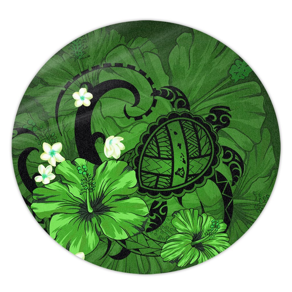 Hawaiian Map Big Turtle Hibiscus Plumeria Tribal Polynesian Round Carpet - Green - AH Round Carpet Luxurious Plush - Polynesian Pride