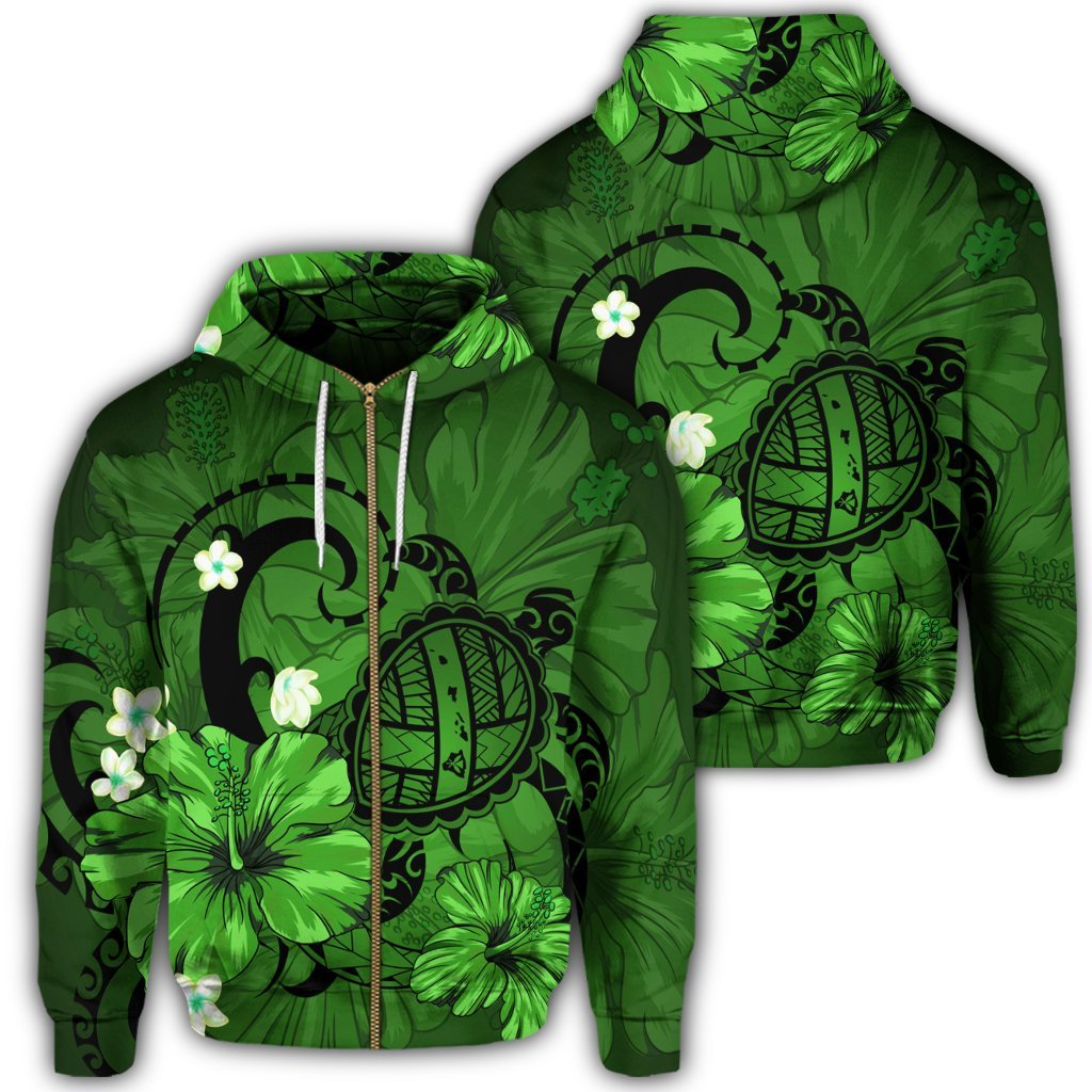 Hawaiian Map Big Turtle Hibiscus Plumeria Tribal Polynesian Zip Hoodie Green Unisex Art - Polynesian Pride