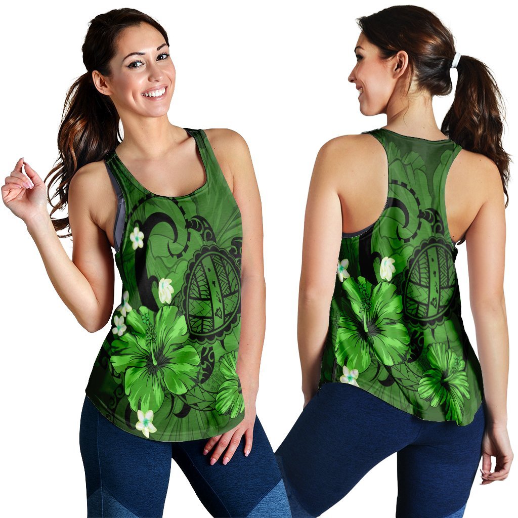 Hawaiian Map Big Turtle Hibiscus Plumeria Tribal Polynesian Racerback Tank - Green - AH Black - Polynesian Pride
