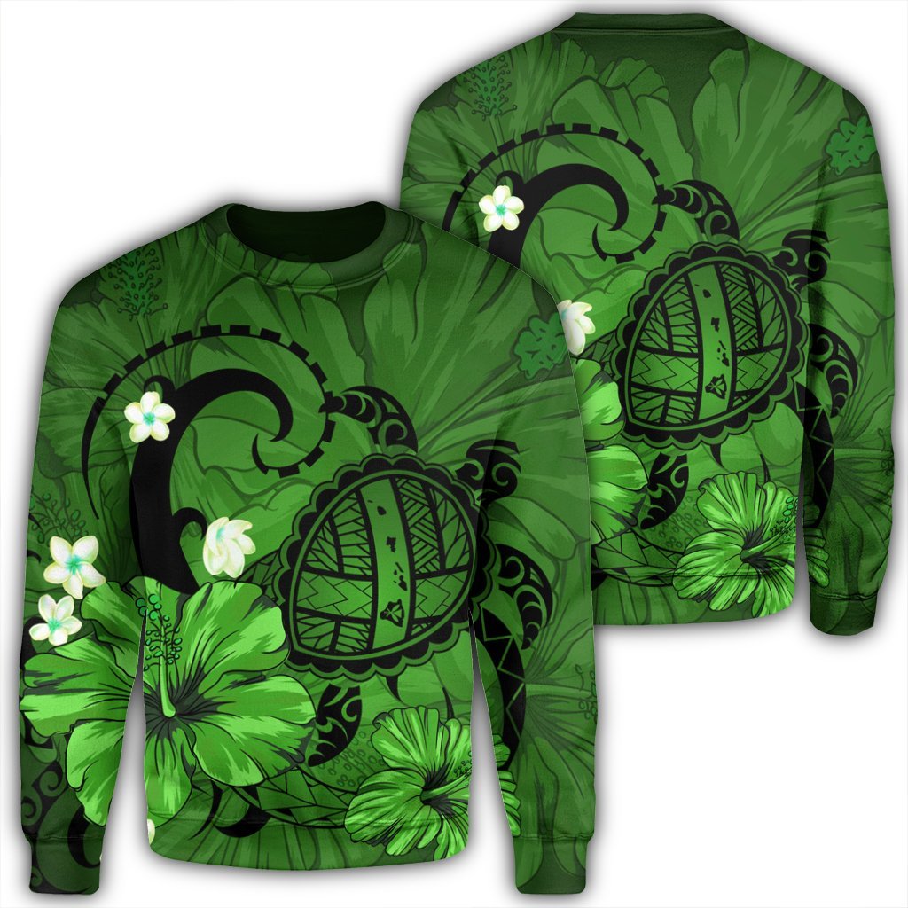 Hawaiian Map Big Turtle Hibiscus Plumeria Tribal Polynesian Sweatshirt - Green - AH Unisex Black - Polynesian Pride