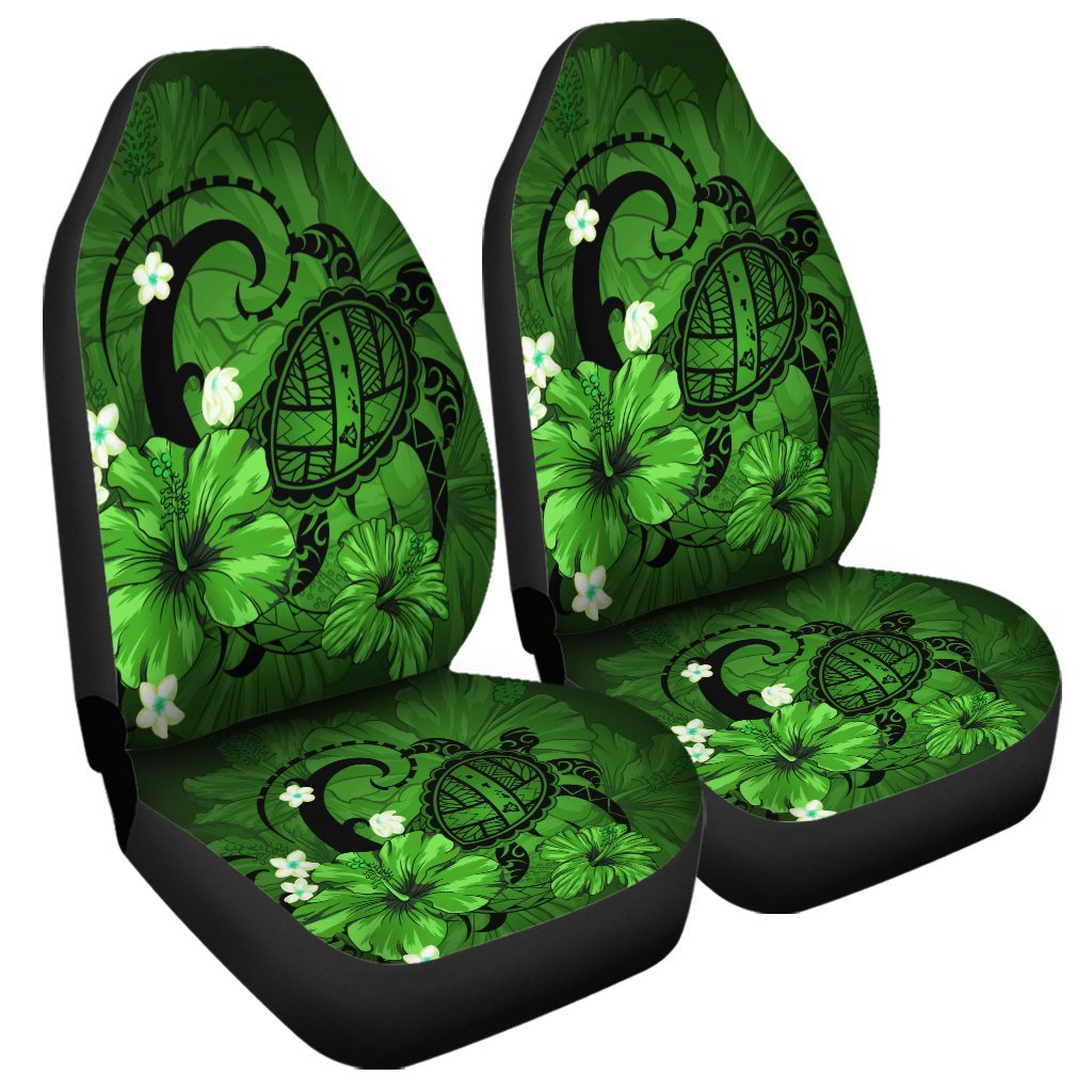 Hawaiian Map Big Turtle Hibiscus Plumeria Tribal Polynesian Car Seat Covers - Green - AH Universal Fit Black - Polynesian Pride