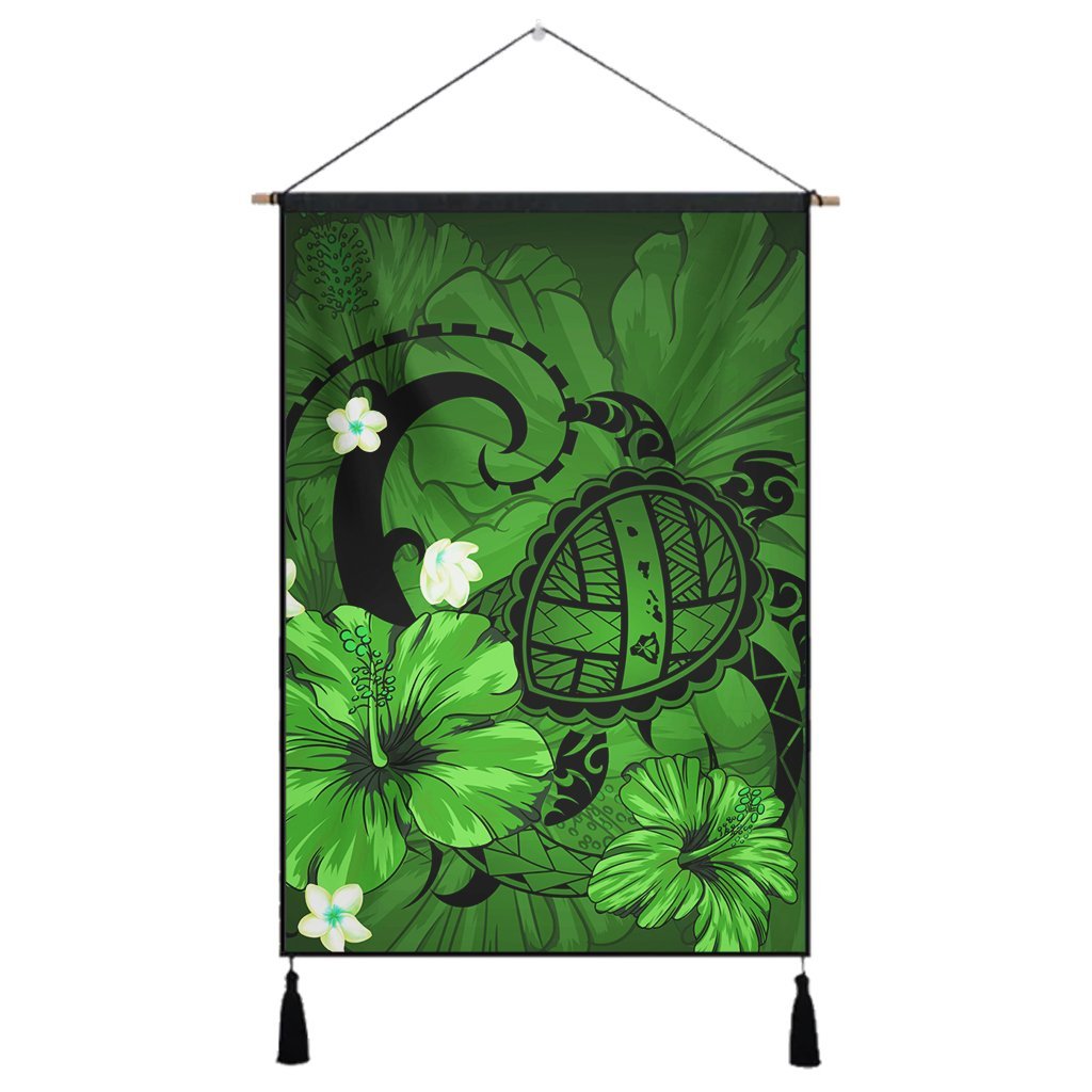 Hawaiian Map Big Turtle Hibiscus Plumeria Tribal Polynesian Hanging Poster - Green - AH Hanging Poster Cotton And Linen - Polynesian Pride