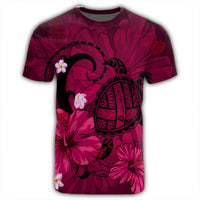 Hawaiian Map Big Turtle Hibiscus Plumeria Tribal Polynesian T Shirt Pink - Polynesian Pride