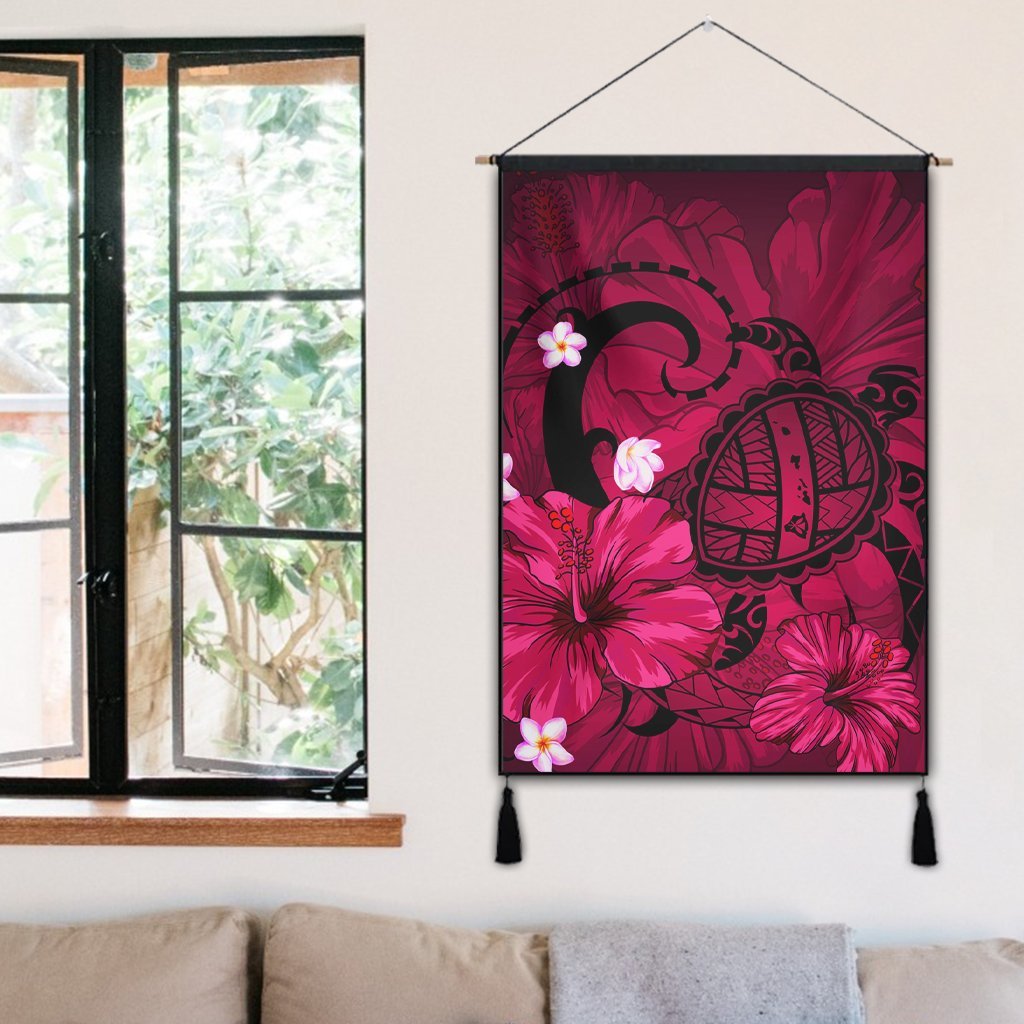 Hawaiian Map Big Turtle Hibiscus Plumeria Tribal Polynesian Hanging Poster - Pink - AH - Polynesian Pride