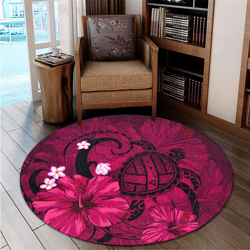 Hawaiian Map Big Turtle Hibiscus Plumeria Tribal Polynesian Round Carpet - Pink - AH - Polynesian Pride
