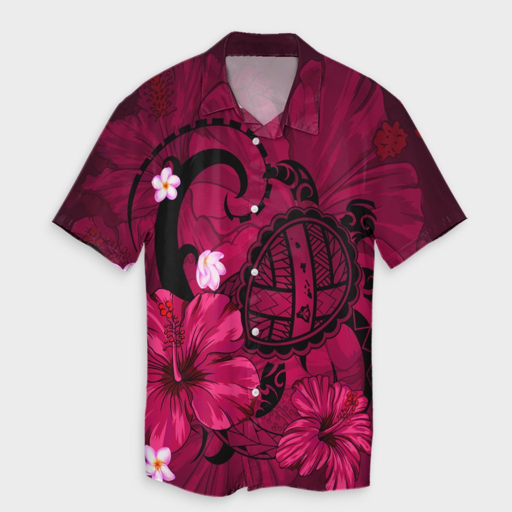 Hawaiian Map Big Turtle Hibiscus Plumeria Tribal Polynesian Hawaiian Shirt - Pink - AH Unisex Black - Polynesian Pride