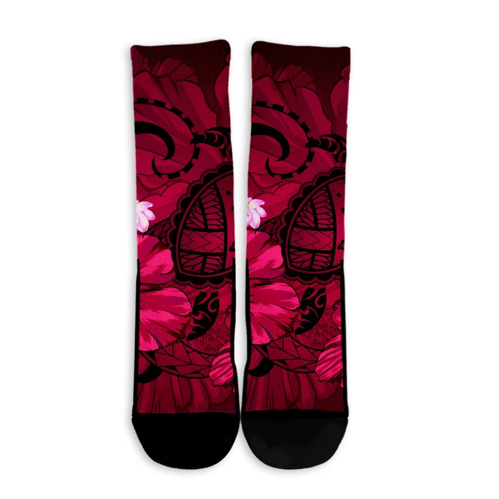 Hawaiian Map Big Turtle Hibiscus Plumeria Tribal Polynesian Crew Socks - Pink - AH - Polynesian Pride